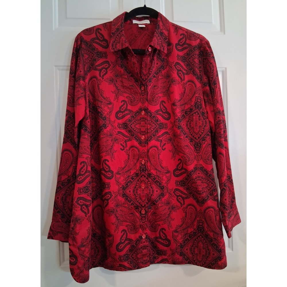 Coldwater Creek No Iron Red Paisley Button-Up Tunic Size XL (16) Workwear Casual